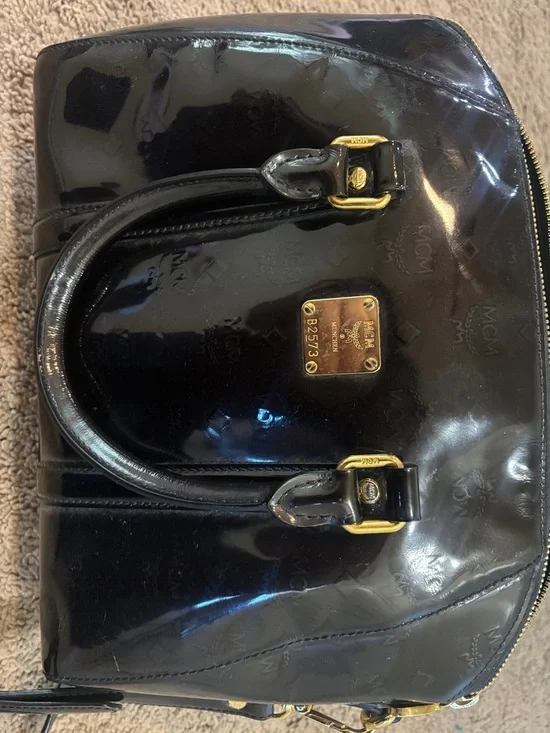 MCM Black Patent Leather Satchel with Gold Plaque and Hardware - Picture 10 of 11